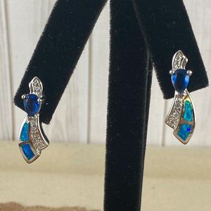 Pear Sapphire & Australian Opal Inlay, CZ 925 Sterling Silver Earrings